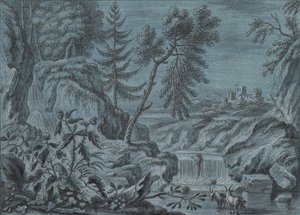 Eteläinen maisema, jossa on vesiputous ja vuohia, 1700-luvun loppu. tekijältä Ferdinand Kobell.