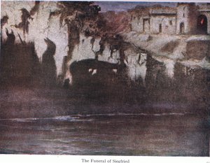 Siegfriedin hautajaiset, kuvitus The Stories of Wagners Operas -pubista. kirjoittanut George Harrap & Co Ltd 1932
