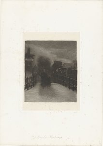 Vanha nainen lapsen kanssa sillalla Talvi-ilta (otsikko esineessä) tekijältä Ferdinand Oldewelt (signed by artist)