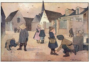 Koulun ulkopuolella, lapsuuden kuvakirjassa, n. 1900 (kaiverrus) tekijältä Ferdinand Raffin