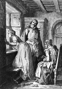 Klaerchen odottaa Egmontia, kuvitus Egmontille, tragedia Johann Wolfgang von Goethe (1749-1832), puupiirros Ferdinand Rothbartin (1823-1899) piirustuksen mukaan tekijältä Ferdinand Rothbart