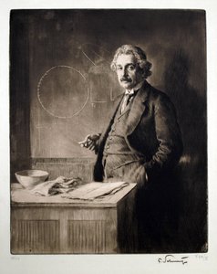 Albert Einsteinin (1879-1955) muotokuva. Ferdinand Schmutzerin (1870-1928) teos, kaiverrus