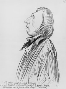 Karikatyyri Frederic Chopinista "Madame Sandin luona Nohantissa", 1900-luvun alku (kynä paperille) (m/v kuva)