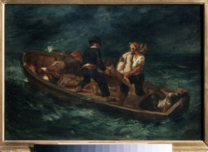 "Haaksirikkomisen jälkeen" (kutsutaan myös "Kanootin hylätyiksi haaksirikkoiksi") Haaksirikkoutumisesta selviytyneet lautalla. Eugene Delacroix (1798-1863) maalaus 1847 Pushkinin taidemuseo, Moskova tekijältä Ferdinand Victor Eugene Delacroix
