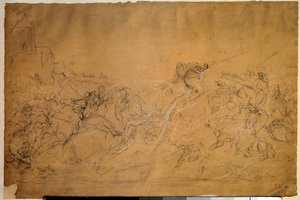 Taistelukohtaus Eugene Delacroixin (1798-1863) piirustus lohipaperille 1800-luvun aurinko. 0,30 x 0,45 m. Pariisi, Louvre-museo tekijältä Ferdinand Victor Eugene Delacroix