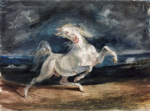 Cheval effraye par la foudre - Salaman pelästynyt hevonen - Delacroix, Eugene (1798-1863) - 1825-1829 - Akvarelli, guassi paperille - 23,6x32 - Szepmuveszeti Muzeum, Budapest tekijältä Ferdinand Victor Eugene Delacroix