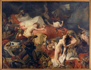 Sardanapalen kuolema. Sardanapale, Assyrian kuninkaan piiritys kapinoiden toimesta, teurastettiin vaimoineen ja hevosineen ennen kuin tappoi itsensä. Eugene Delacroix (1798-1863) maalaus tekijältä Ferdinand Victor Eugene Delacroix