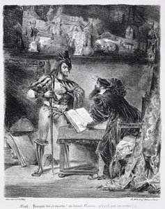 Faustin ja Mefistofeleen ensimmäinen tapaaminen: "Miksi kaikki tämä melu", Goethen Faustista, 1828, (kuva) (bw-valokuva litografiasta) tekijältä Ferdinand Victor Eugene Delacroix