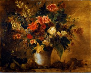 Kukkia ja hedelmiä Kukkakimppu gres-maljakossa. Eugene Delacroix