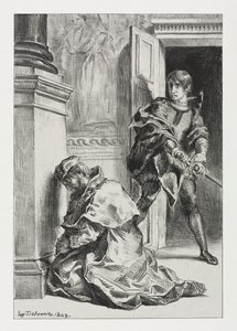 Hamlet: Hamlet yrittää tappaa kuningas, 1843. tekijältä Ferdinand Victor Eugene Delacroix