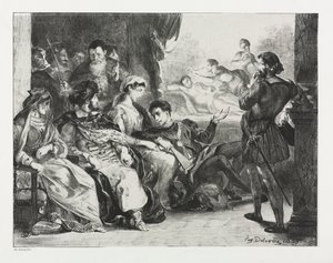 Hamlet: Hamlet käskee näyttelijöitä tekemään kohtauksen isänsä myrkytyksestä, 1834. tekijältä Ferdinand Victor Eugene Delacroix