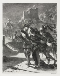 Hamlet: Hamlet ryntää seuraamaan isänsä haamua, 1835. tekijältä Ferdinand Victor Eugene Delacroix