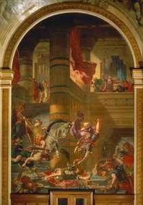 Heliodoros karkotetaan temppelistä sen jälkeen, kun hän oli yrittänyt takavarikoida temppelin aarteen. tekijältä Ferdinand Victor Eugene Delacroix