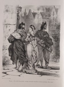 Kuvituksia Faustille: Faust pyrkii houkuttelemaan Margueriten, 1828. tekijältä Ferdinand Victor Eugene Delacroix