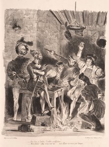 Kuvituksia Faustille: Méphistophélés opiskelijoiden tavernassa, 1828. tekijältä Ferdinand Victor Eugene Delacroix