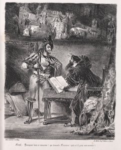 Kuvituksia Faustille: Méphistophélés vierailee Faustissa, 1828. tekijältä Ferdinand Victor Eugene Delacroix