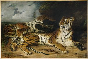 Nuori tiikeri leikkii äitinsä kanssa ... tekijältä Ferdinand Victor Eugene Delacroix