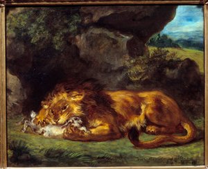 Leijona hakkaa kania. Eugene Delacroix (1798-1863) maalaus tekijältä Ferdinand Victor Eugene Delacroix