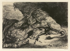 Leijona syö hevosta, 1844 tekijältä Ferdinand Victor Eugene Delacroix