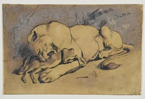 Lioness nielee kanin (kynä ja muste punertavalla pesulla ruskealla paperilla) tekijältä Ferdinand Victor Eugene Delacroix