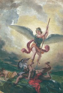 Pyhä Mikael taistelee lohikäärmettä vastaan, yksityiskohta, kappeli des Saints-Anges 1849-1861 (öljyä ja vahaa kipsissä)