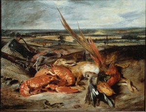 Asetelma hummerien ja metsästyksen ja kalastuksen palkintojen kanssa - öljy kankaalle tekijältä Ferdinand Victor Eugene Delacroix