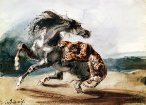 Tiikeri hyökkää villihevosta vastaan (kynä ja muste ja akvarelli paperille) tekijältä Ferdinand Victor Eugene Delacroix