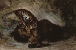 Tiikeri hyökkää hevosen kimppuun (paperilla wc) tekijältä Ferdinand Victor Eugene Delacroix