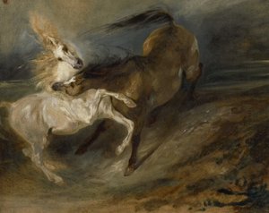 Kaksi hevosta taistelevat myrskyisessä maisemassa, n. 1828 tekijältä Ferdinand Victor Eugene Delacroix