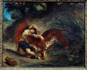 Tiikerin vei pois nuori nainen tai tiikeri purrut intiaani. Eugene Delacroix (1798-1863) maalaus tekijältä Ferdinand Victor Eugene Delacroix
