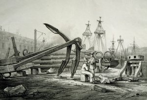 Ankkurit laivaston telakalla, Ferdinand Perrot, litografia tekijältä Ferdinand Victor Perrot