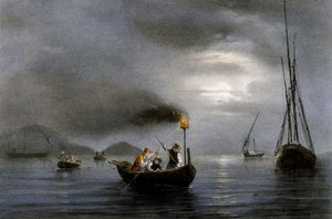 Yökalastus kalalampulla, Ferdinand Perrotin värillinen litografia (1808-1841)