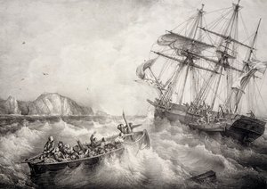 Bretonin kalastusaluksen miehistön pelastus ruotsalaisella Le Neptune -aluksella, Litografia Ferdinand Perrot
