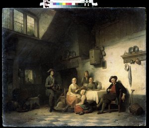""Le concert prive"" (Kotikonsertti) Belgiaan vaatimattomaan sisätilaan kokoontunut perhe kuuntelee muusikkoa soittamassa hurdy-gurdya. Ferdinand de Braekeleer vanhemman (1792-1883) maalaus 1800-luvun Mihail Kroshitskyn taidemuseo, Sevastopol (Se