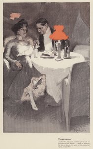 Teatteriohjaajan ja näyttelijän keskustelu kahvilassa (värilitho) tekijältä Ferdinand von Reznicek