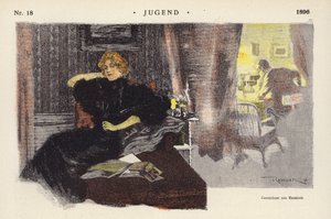 Nainen kotona illalla (väri litho) tekijältä Ferdinand von Reznicek