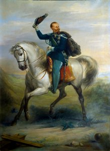 Italian kuninkaan Vittorio Emanuelen muotokuva hevosen selässä tekijältä Ferdinando Folchi