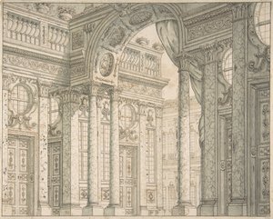 Näkökulman suunnittelu lavalle, jossa on sisäpiha ja riemukaari, n. 1675-1743.
