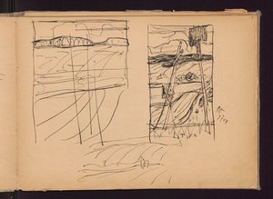 Drei Skizzen: a),c) hügelige Landschaft, b) alte Kreuze; verso: drei Skizzen von Bildern: Der Engel des Herrn, Litauen, Provinz tekijältä Ferdynand Ruszczyc