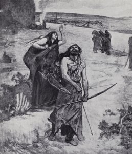 Jääkauden mies oppii metsästämään jousella ja nuolella (litho) tekijältä Fernand (after) Cormon