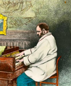 Muotokuva Emile Zolasta (1840-1902), joka soittaa urkuja. Desmoulinin kaiverrus (1800-luku). Coll. Mene ulos. tekijältä Fernand Desmoulin