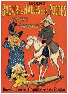 Mainosjuliste Grand Bazaar des Halles et des Posts: Lelu- ja pelikauppa (Pieni puinen Napoleon, noita ja nukke) Kuvitus Fernand Fernel (Cerckel) (1872-1934) 1899 1899 tekijältä Fernand Fernel