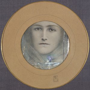 Ruskeat silmät ja sininen kukka tekijältä Fernand Khnopff