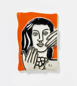 Kasvot molemmilla käsillä, oranssilla taustalla tekijältä Fernand Leger
