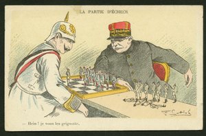 Postikortti, satiirinen väreissä: Hein! I Snack You - Sota 14-18, Saksa Preussi - William II, Joffre, Soldiers Kuva Gottlob (1873-1935)