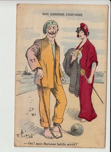 Postikortti, satiirinen väreissä: Hänen viimeinen univormunsa - 14-18 -vuosien sota - Marianne, William II Kuvitus Gottlob (1873-1935)