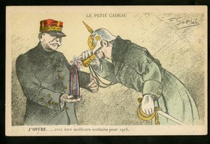 Postikortti, Satiirinen väreissä, n. 1914_12: Pieni lahja, jonka tarjoan parhaiden onnittelujeni kera vuodelle 1915 - 14-18 sota, kaanonit, kuoret - William II, Joffre Gottlobin kuvitus (1873-1935)