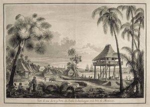 MALASPINA, Alejandro (1754-1809). Italialais-espanjalainen merenkulkija ja tutkimusmatkailija; BRAMBILA, Fernando (1763-1834). Taidemaalari. Malaspinan retkikunta. Filippiinit (1792). Zamboangan kylä. Fernando Brambilan piirros. Piirustus. ESPANJA. MADRID 