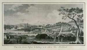 MALASPINA, Alejandro (1754-1809). Italialais-espanjalainen merenkulkija ja tutkimusmatkailija; BRAMBILA, Fernando (1763-1834). Taidemaalari. Australia (18. vuosisata). Uuden Etelä-Walesin englantilainen siirtokunta. Fernando Brambilan piirros, joka kuvaa A