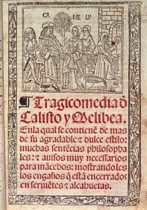 Miniatyyri pergamentille The Celestinan tai Calliston ja Melibean tragikomedian kannessa, julkaistu v. tekijältä Fernando de Rojas